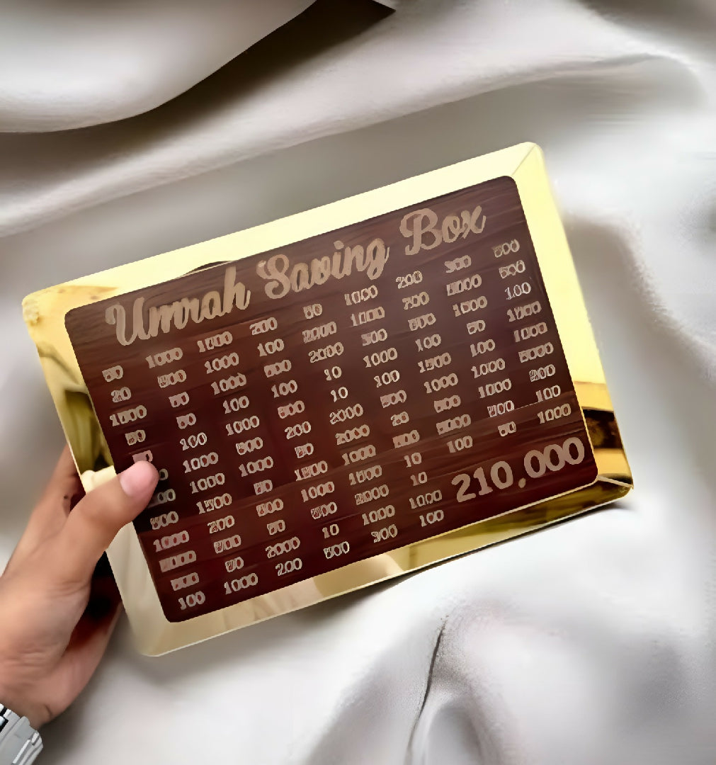 Wooden Umrah Saving Box - Premium Money Box with 210000 Goal Tracker - Elegant Islamic Design for Charity Donations - Charity Savings
