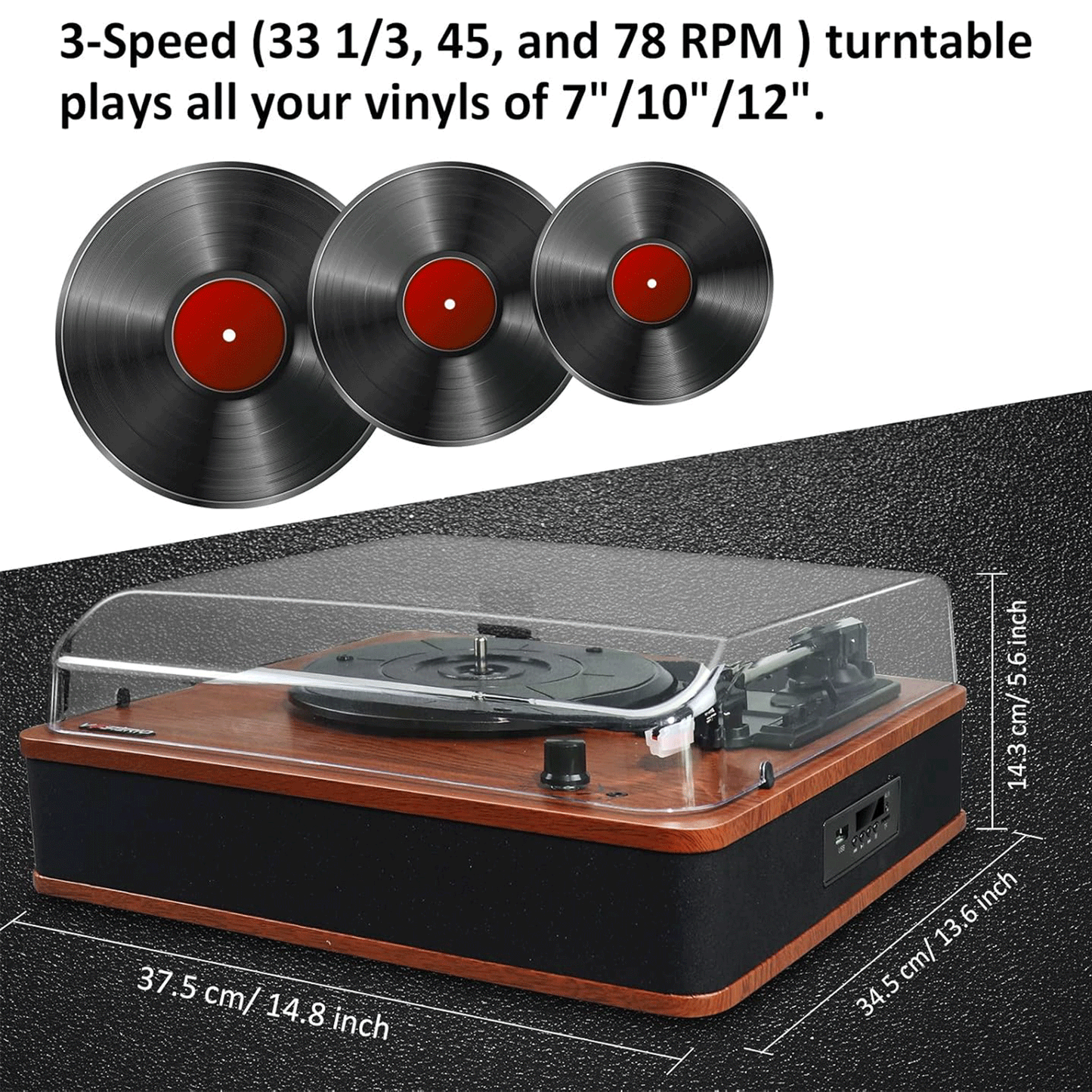 3 Speed Turntable Vinyl Record Player with Built in Speakers and USB Connectivity