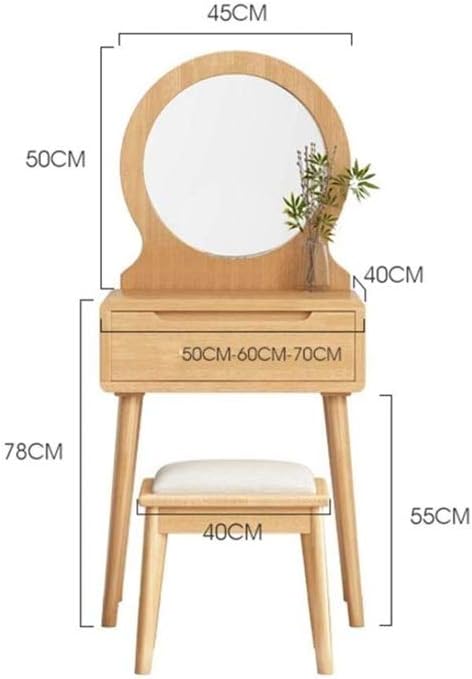 Nordic Solid Wood Makeup Desk with Mirror & Drawers – Space Saving Mini Dresser (60cm / 70cm)