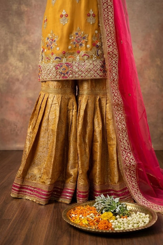 Sunehri Mehndi Bridal Wear by MCS Unstitched Handmade Net Shirt With Banarsi sharara Mehndi Wear Collection