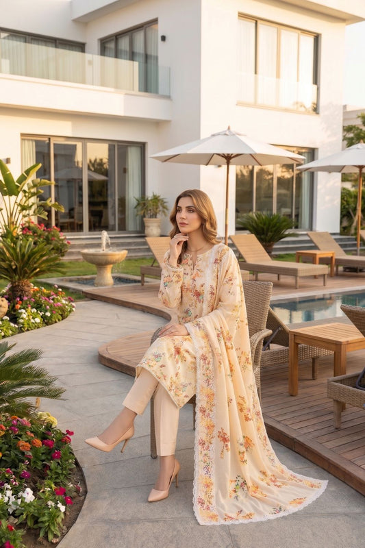 3-Piece Unstitched Printed Lawn Suit with Two-Sided Embroidered Dupatta | Mushtaq Esha Collection – Design 4