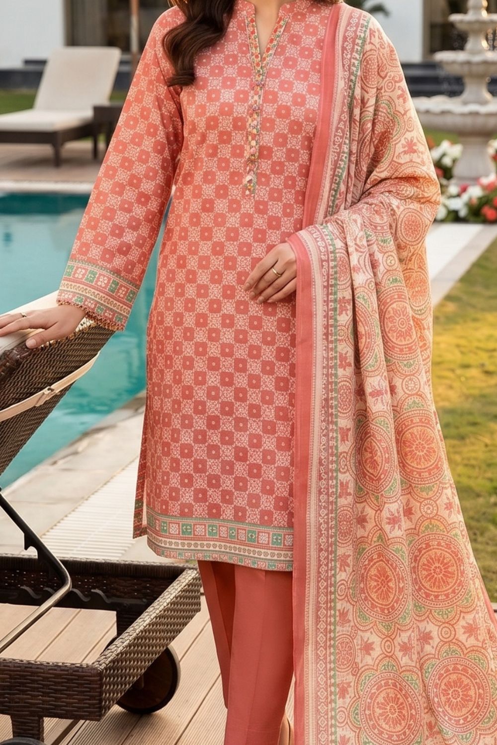 Mushtaq 3Pcs Unstitched Printed Lawn Hoorain Collection Desgin - 4