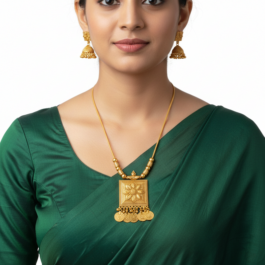 Traditional Gold-Tone Floral Pendant Necklace Set with Jhumka Earrings