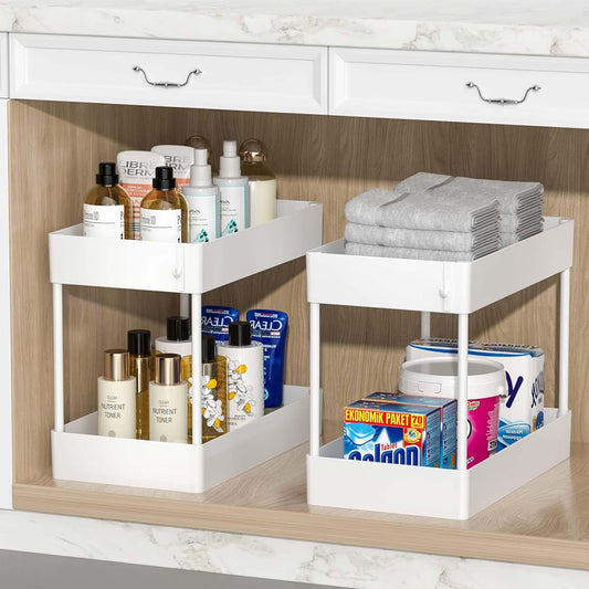 UnderSink Organizer White Adjustable Storage Rack for Kitchen and Bathroom