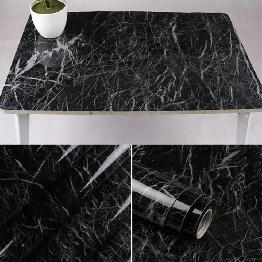 Self Adhesive Marble Sheet Sticker For Kitchen - 60x200 Cupboard Wall - Anti Oil And Heat Resistant - Black