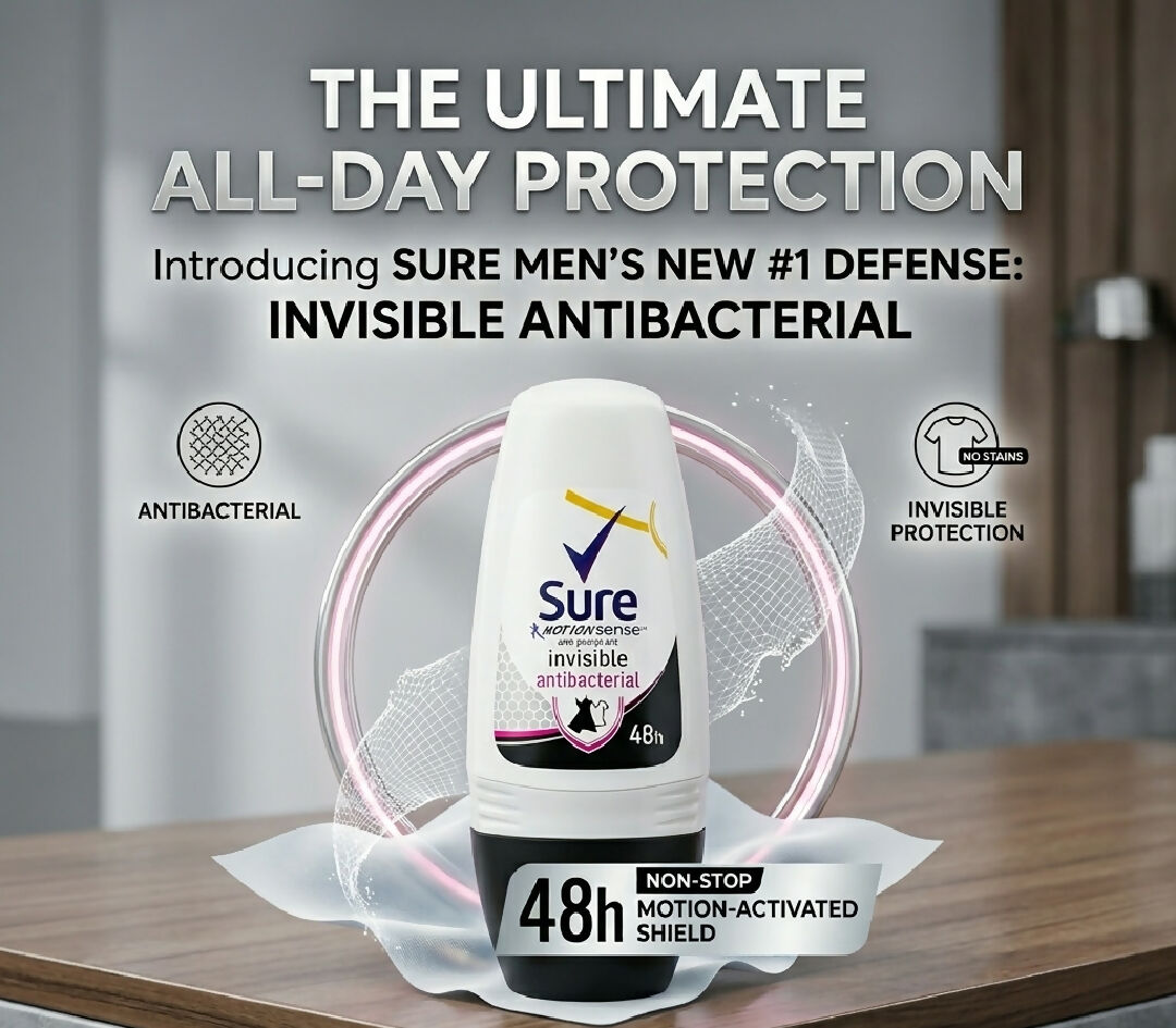Sure Men Invisible Antibacterial Roll On Antiperspirant 48H Non Stop Motion Activated Shield Deodorant For Men 50ml Underarm Sweat And Odor Protection