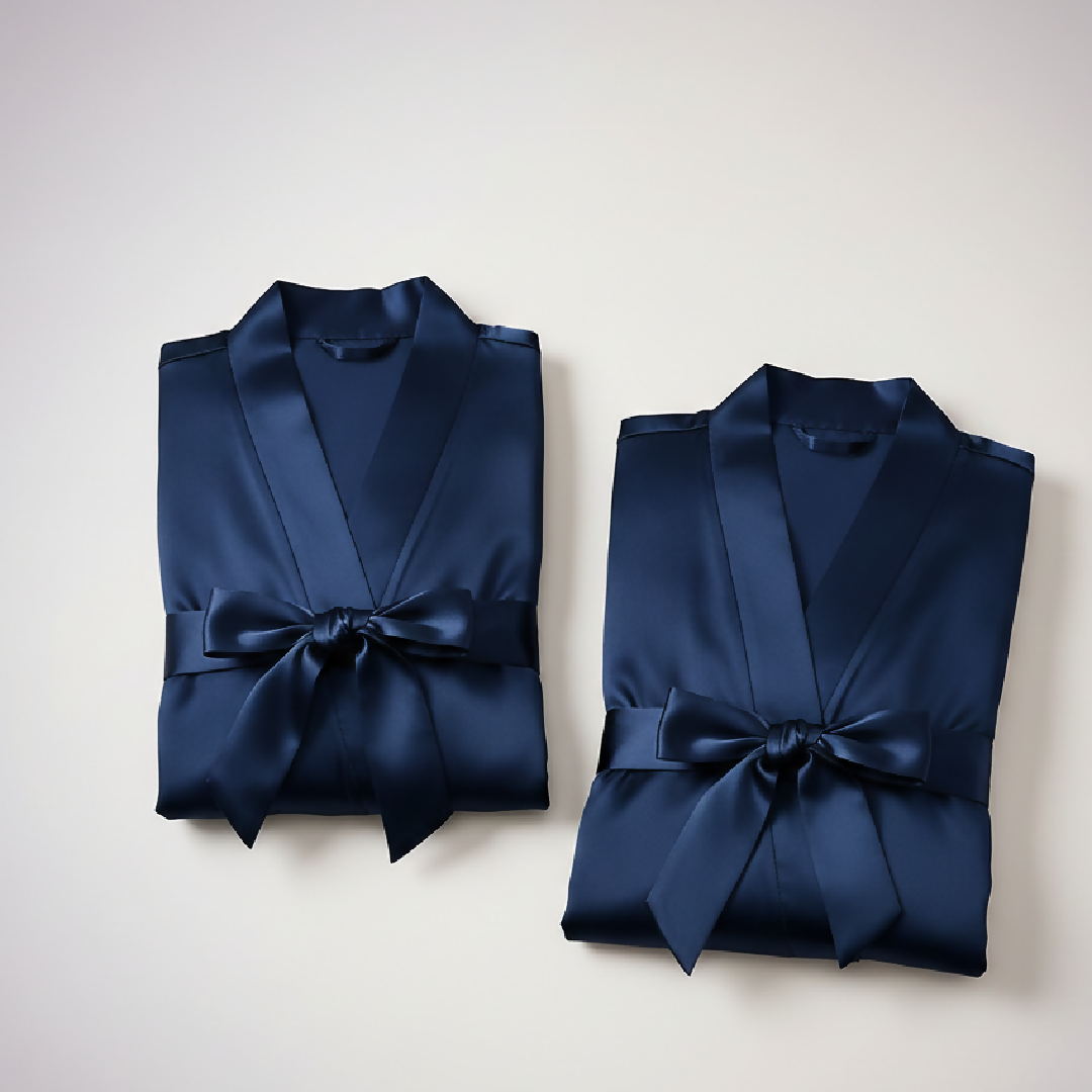 Elegant Silk Couple Gown - Robe Set - Wrap Style with Waist Belt - 2 Pcs