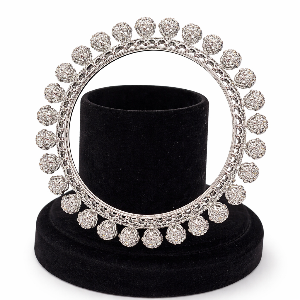 Zircon Silver Ball Bangles – Elegant Studded Pair (Size 2.8)