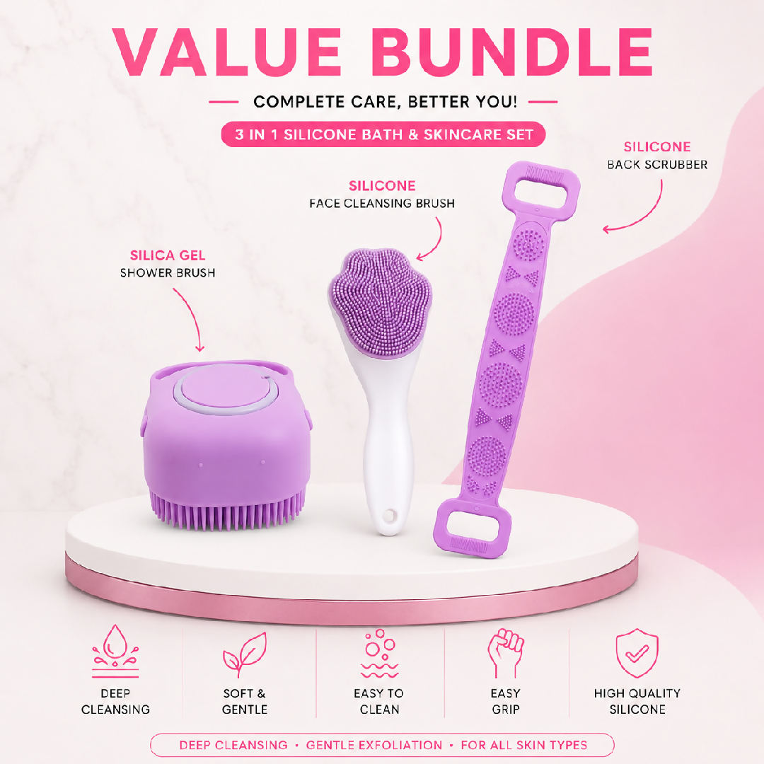 3 in 1 Silicone Bath Skincare Value Bundle Shower Brush Back Scrubber Face Cleansing Brush Set