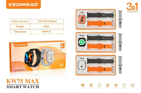 Keqiwear KW75 Max Smartwatch 2 inch HD Display Bluetooth Calling 3 Interchangeable Straps Wireless Charging