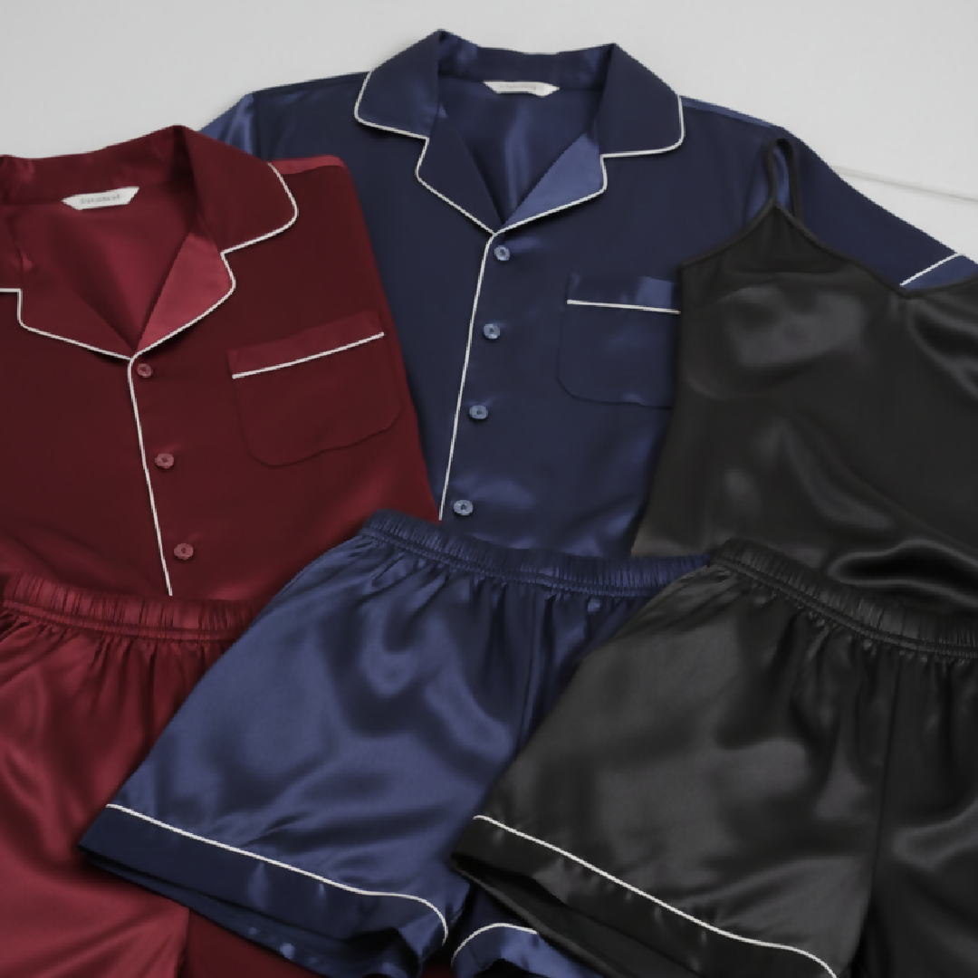 Couple Silk Night Suit - Sleepwear Set - Shirt and Shorts with Slip Dress