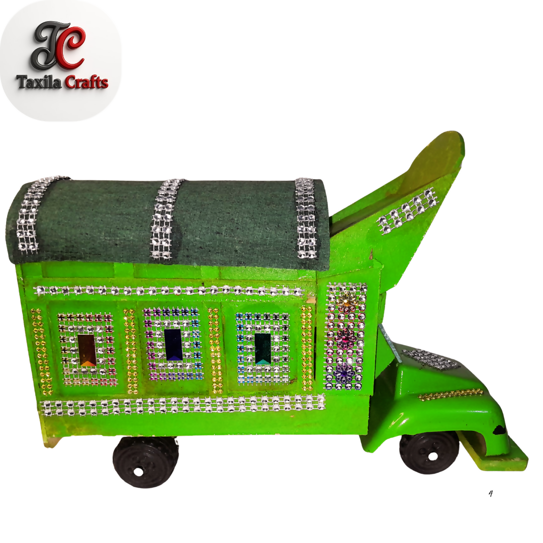 Handmade Light Green Mini Truck Art Decorative Showpiece Wooden and Hardboard Model 11 Inch