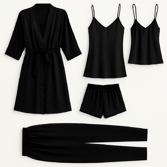 5-Piece Satin Sleepwear Set - Robe Camisole Shorts Pants and Slip Dress - Free Size