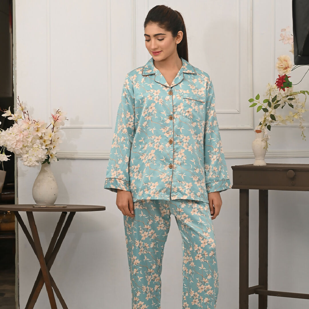 Sky Blue Floral Cotton Night Suit – Womens Comfortable Two-Piece Sleepwear Set