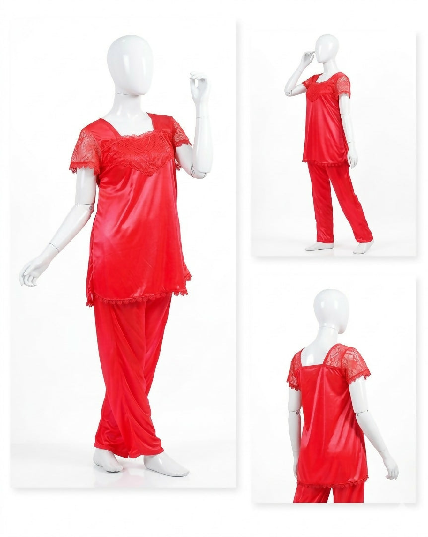 2 Pcs Premium Silk Lace Womens Sleepwear Set T-Shirt Trouser Nightwear Free Size