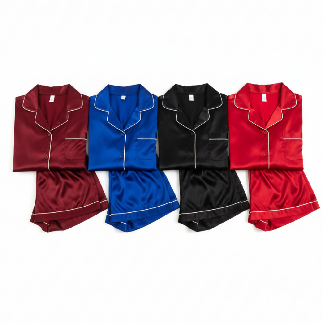 Couple Night Dress Silk Pajama Set - Short Sleeve Shirt and Shorts - 4 Pcs