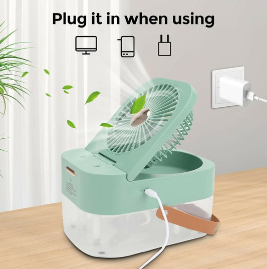 Mini Fan with Cool Mist - Portable Air Cooler - USB Table Fan - Desk Fan with 3 Wind Modes and Brightness Adjustment - Table Fan for Home - Office