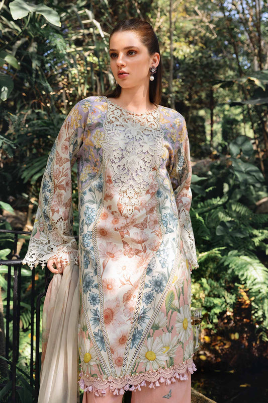 MPT-2910-B | White & Peach Printed Lawn Unstitched Suit with Embroidered Details