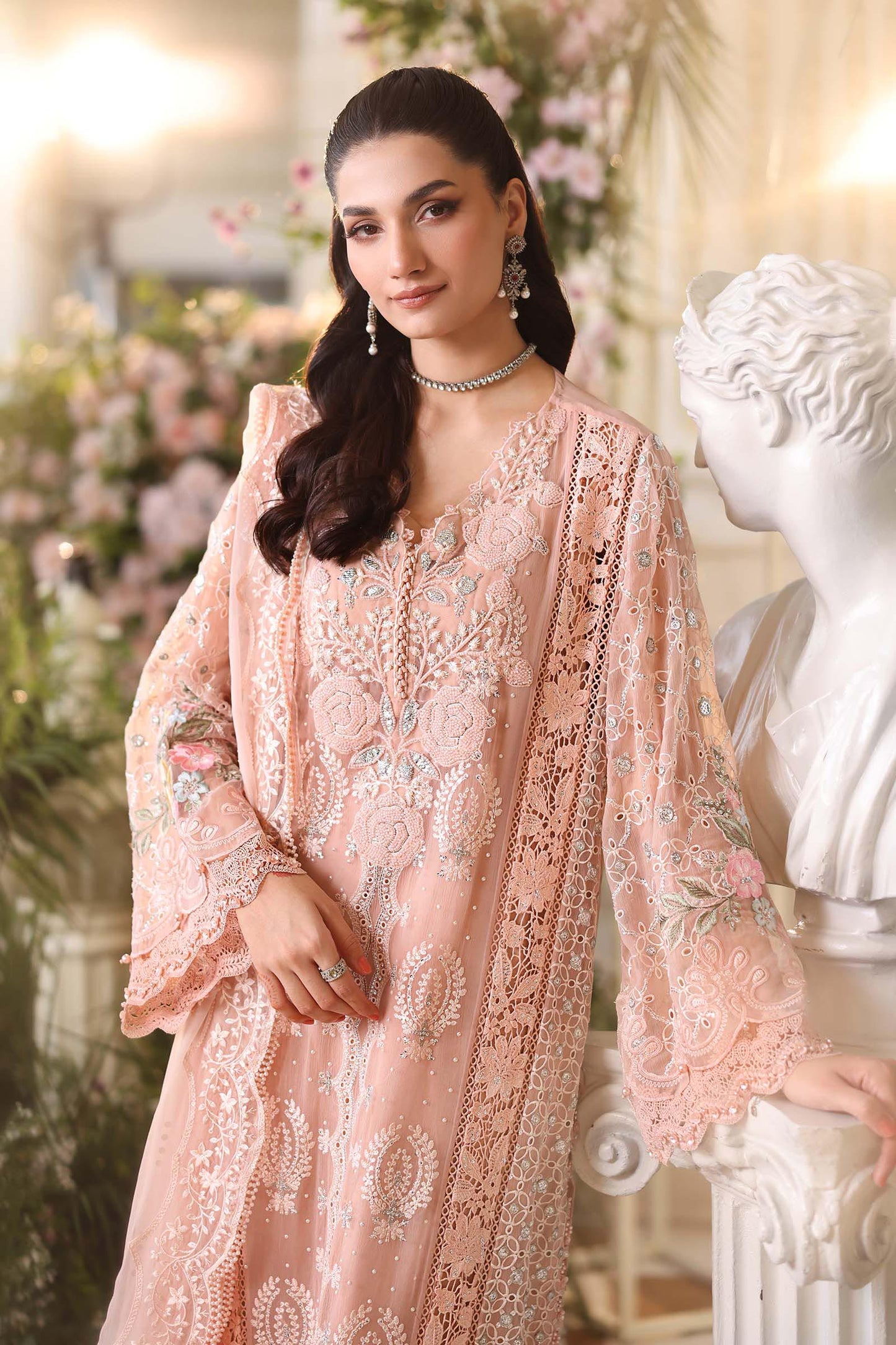 Maria B 3 Piece Unstitched Embroidered Chiffon Suit MPC-26-104-Peach Pink