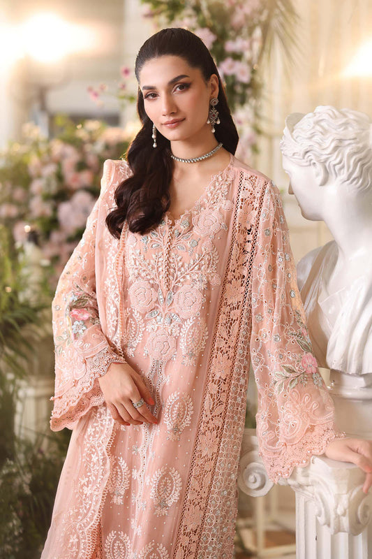 Maria B 3 Piece Unstitched Embroidered Chiffon Suit MPC-26-104-Peach Pink