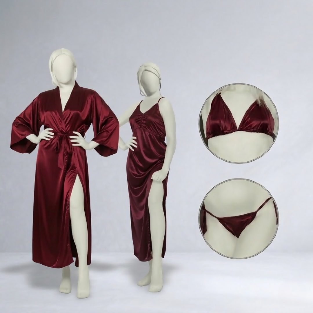 Burgundy Silk Satin 4-Piece Lingerie Nightwear Set for Women Luxury Soft Satin Sleepwear Free Size