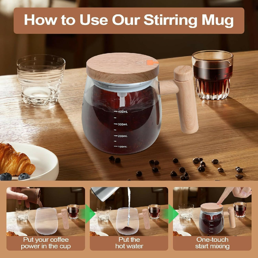 Wooden Design Automatic Self Stirring Coffee Mug One Click Electric Mixing Glass Cup