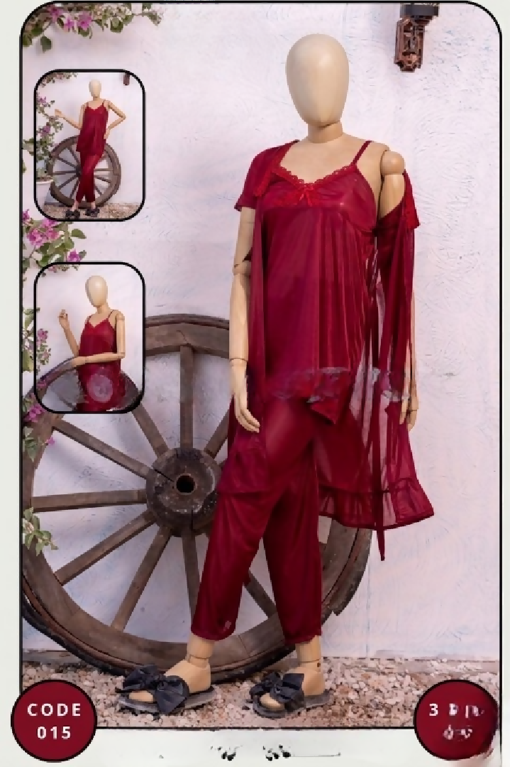 Luxury Silk 3-Piece Nightwear Set for Women Free Size Premium Satin Robe Pajama Suit