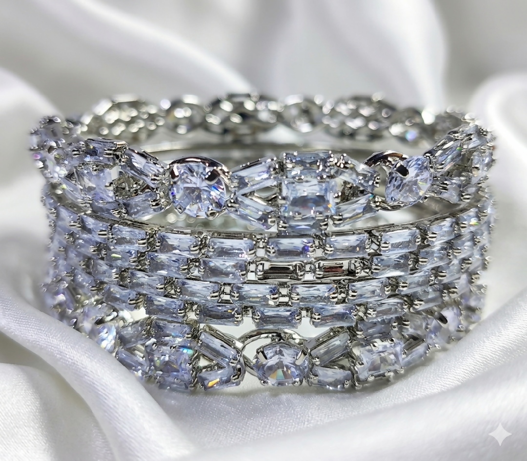 Dazzling Silver-Plated Cubic Zirconia Bangle Stack – 6-Piece Set with Baguette and Brilliant Cut Stones