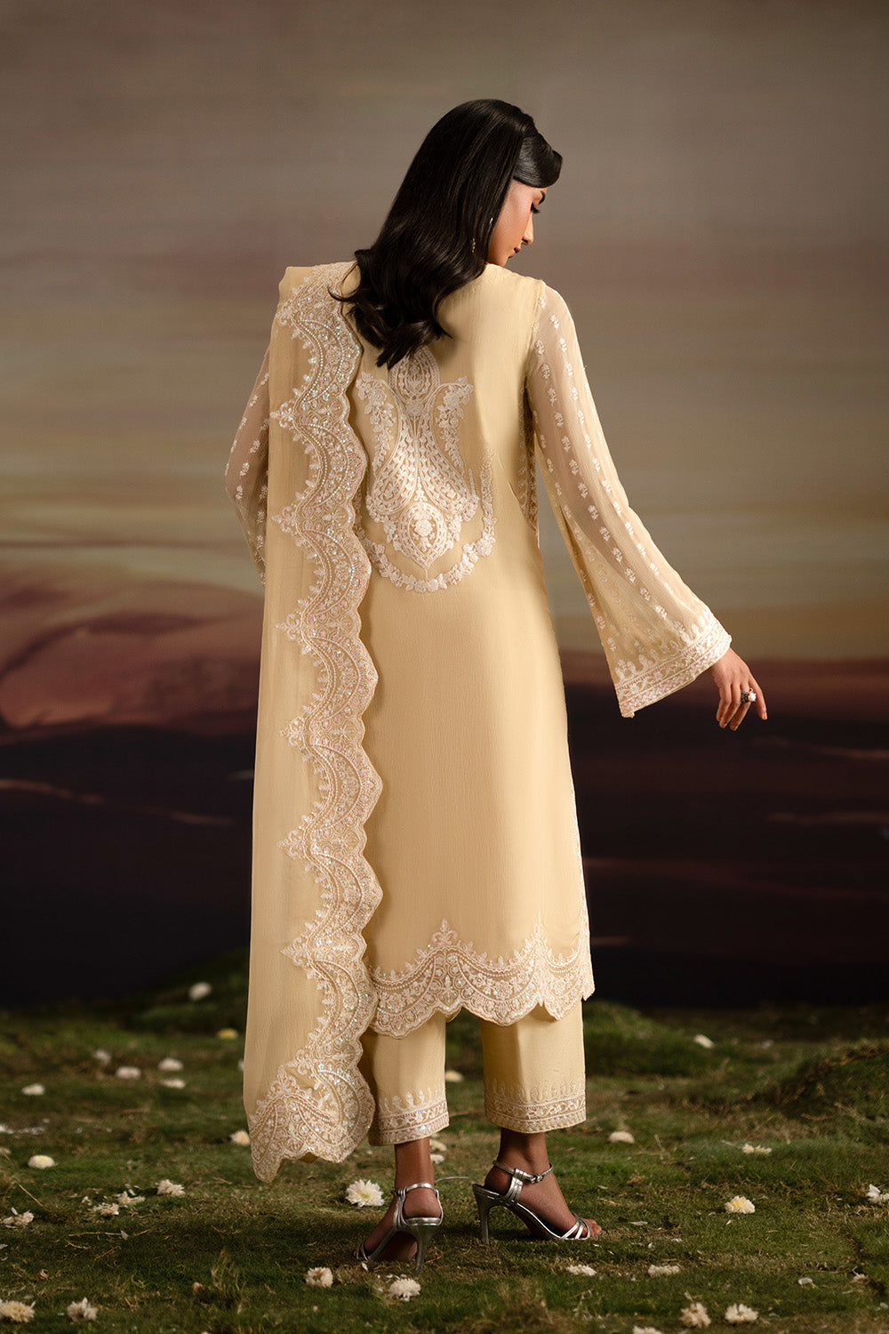 ISHANI | Cream Embroidered Chiffon & Organza Unstitched 3-Piece Suit | FWU5705