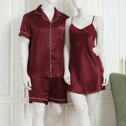 Couple Silk Night Suit - Sleepwear Set - Shirt and Shorts with Slip Dress