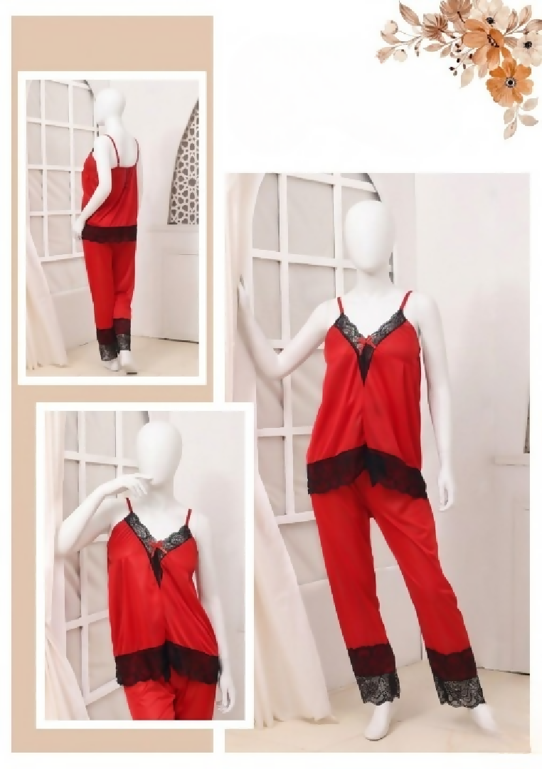 Womens Silk Top Pajama Set with Lace Luxury Sleepwear Collection Free Size