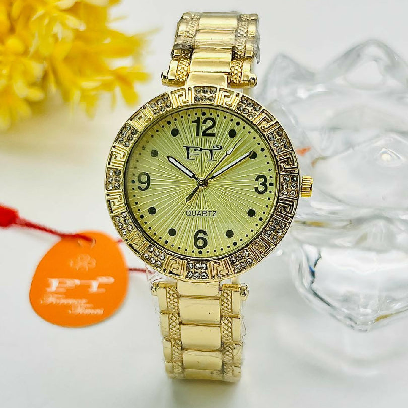 Ladies Luxury Metallic Link Strap Watch Water Resistant Stone Studded Timepiece