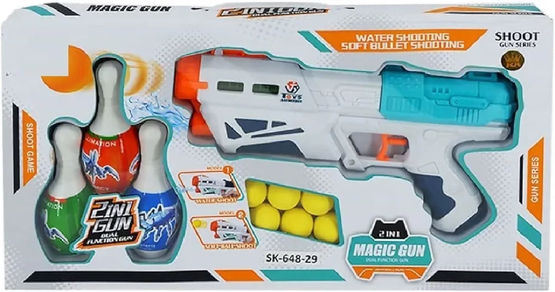 2 in 1 Bowling Water Shooting Gun Magic Blaster Toy Gun with Soft Foam Balls Bullets Bowling Pins Water Spray for Kids