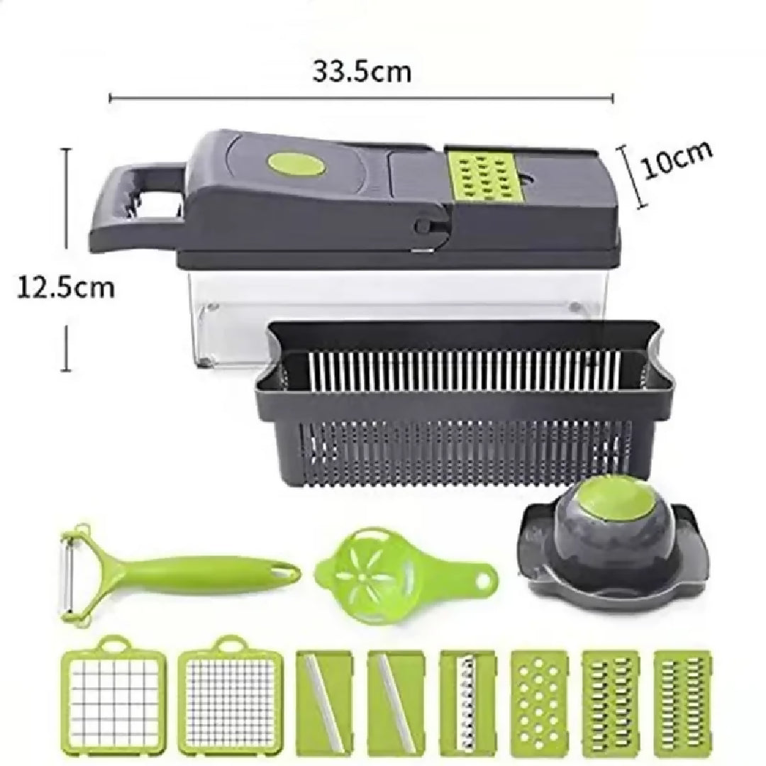 16-In-1 Multifunctional Vegetable Chopper-Slicer with Colander Basket and Storage Container - Heavy Duty Manual Food Cutter