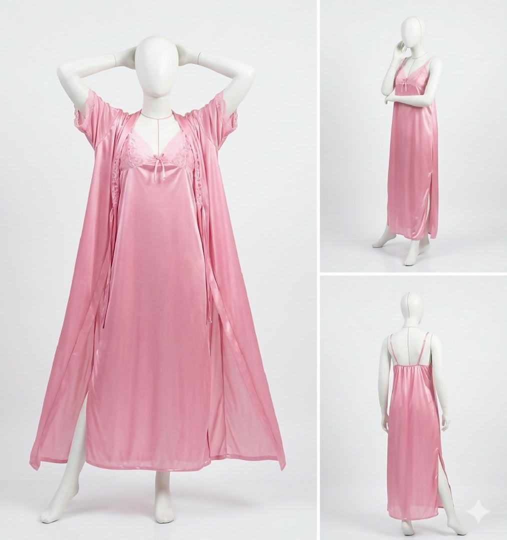 2 Pcs Premium Silk Lace Womens Sleepwear Set Inner Gown Nightwear Size Free