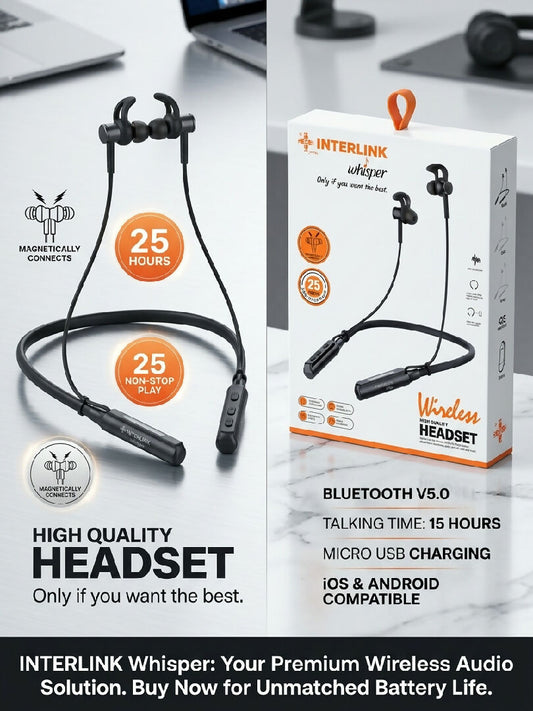 Interlink Whisper Wireless Bluetooth Neckband Earphones 25 Hours Non Stop Playtime Magnetic Earbuds Bluetooth v5 Stereo Headset