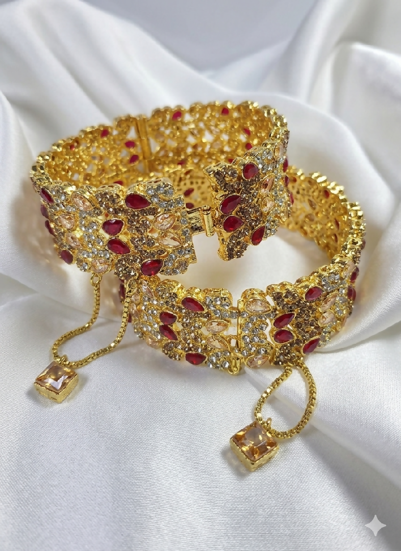 Exquisite Gold-Plated Ruby and Champagne Stone Bridal Kada Set – Hinged Statement Bangles with Filigree and Charm Detail