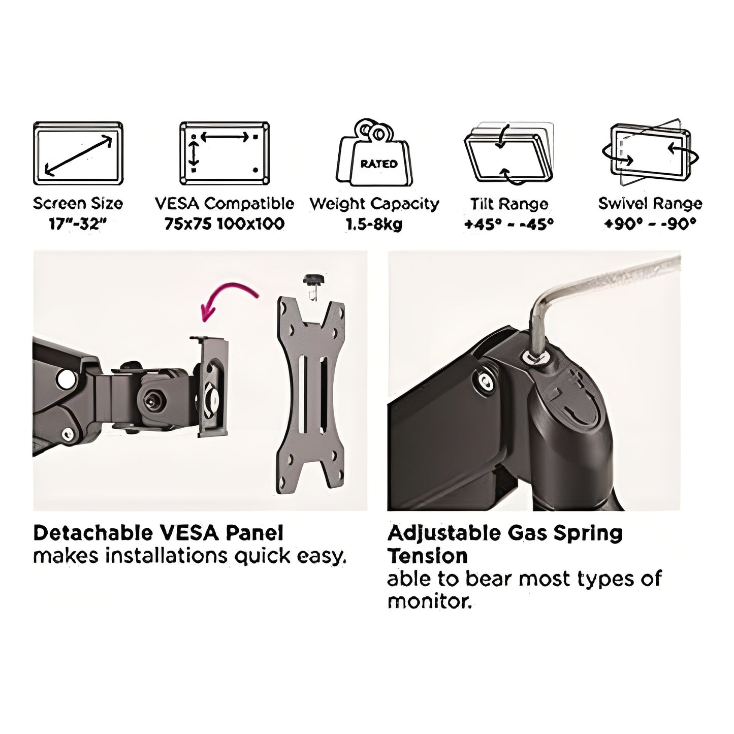 Monitor Arm Adjustable Desk Mount for Single Screen with Full Motion