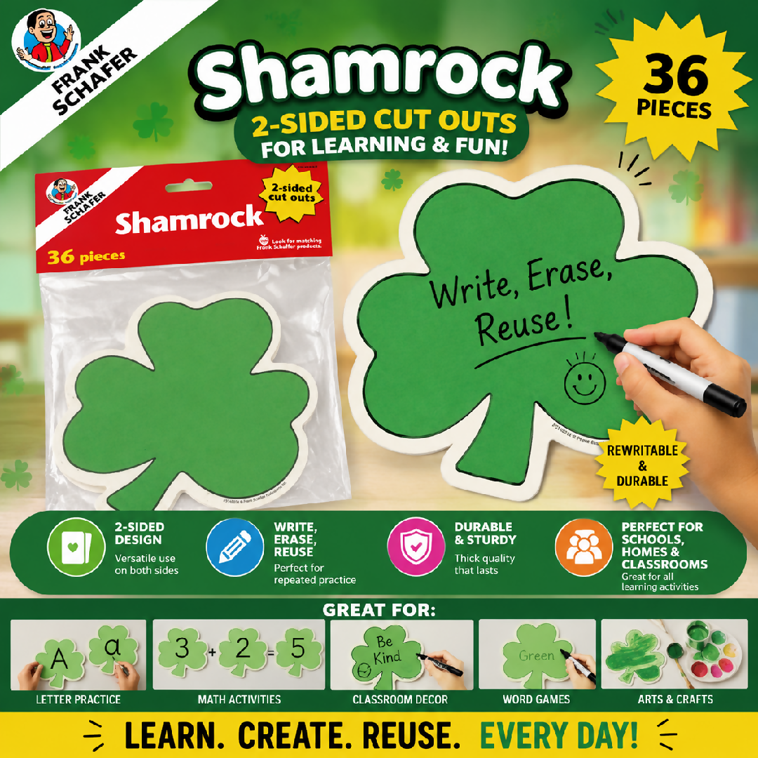 Frank Schaffer Shamrock 2 Sided Cut Outs 36 Pieces Reusable Write And Wipe Learning Cards Classroom Educational Supplies