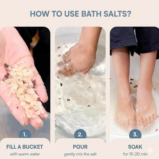Step-by-step guide on how to use bath salts with images and text.