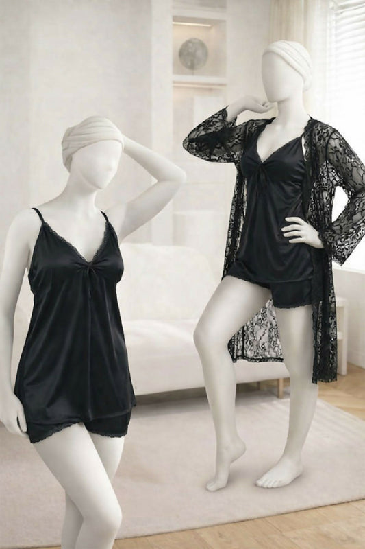 3-Piece Womens Sleepwear Set Camisole Shorts Lace Gown Soft Satin Nightwear Free Size