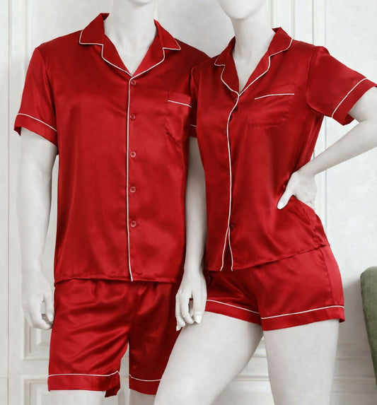 Couple Night Dress Silk Pajama Set - Short Sleeve Shirt and Shorts - 4 Pcs