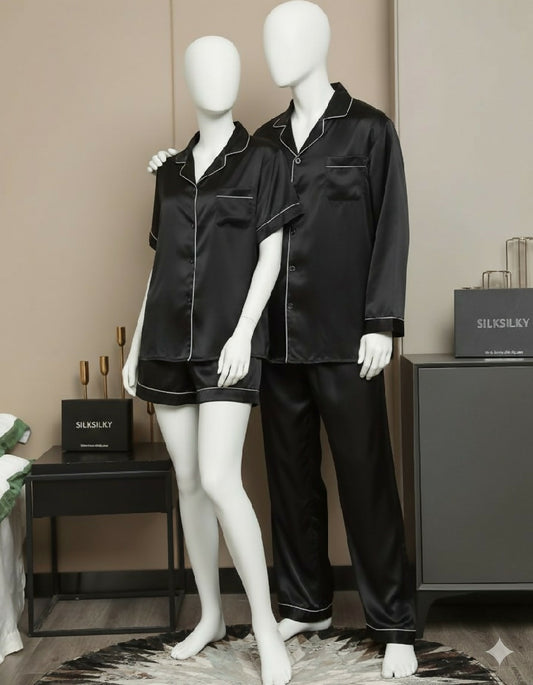 Couple Night Suit - Silk Satin Sleepwear Set - Short and Long Style Combo - 4 Pcs