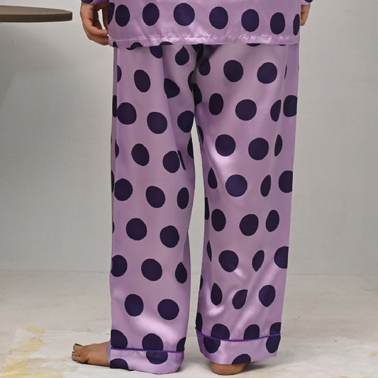 Womens Purple Polka Dot Satin Nightwear Pajama Set – Soft Button-Down Silk Feel Sleepwear