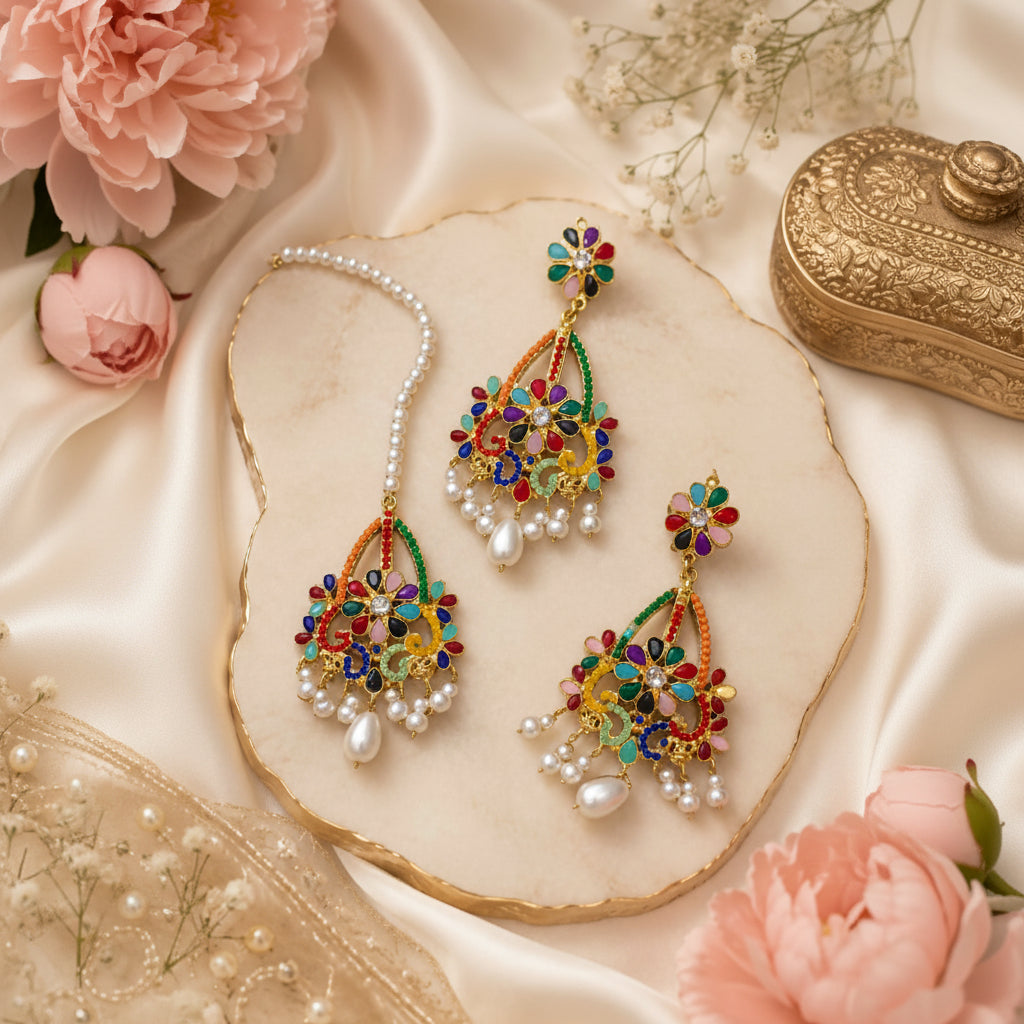 Multi nauratan earrings bindi set