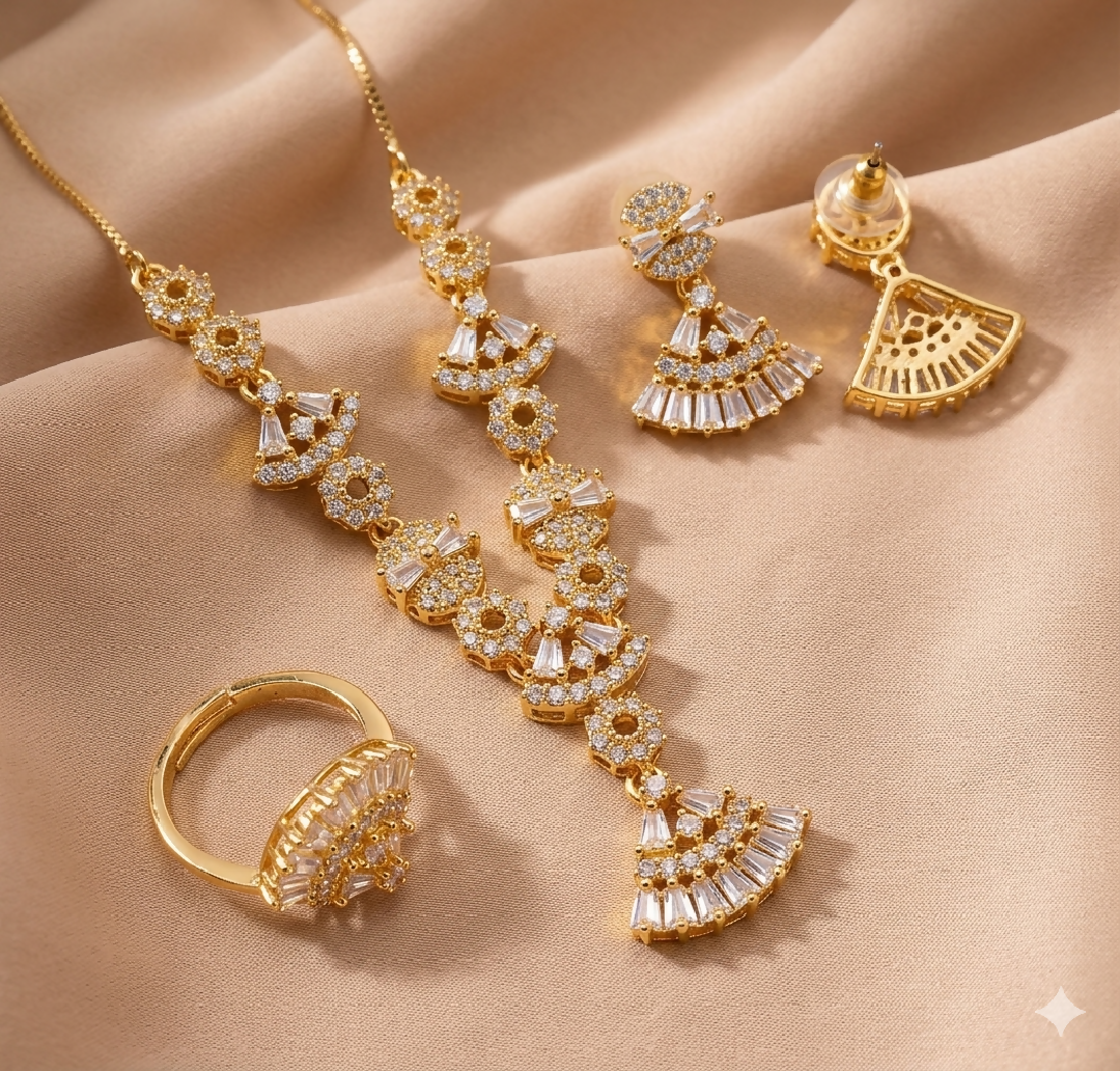 Art Deco Fan Motif Zirconia Jewelry Set