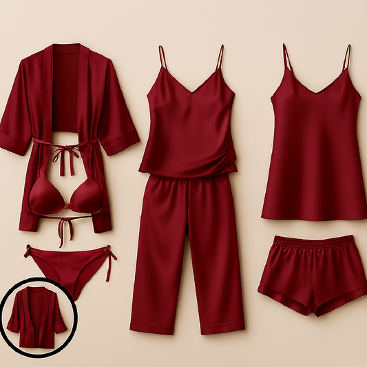 7-Piece Satin Sleepwear and Lingerie Set for Women - Luxury Nightwear Collection with Robe and Slip Dress