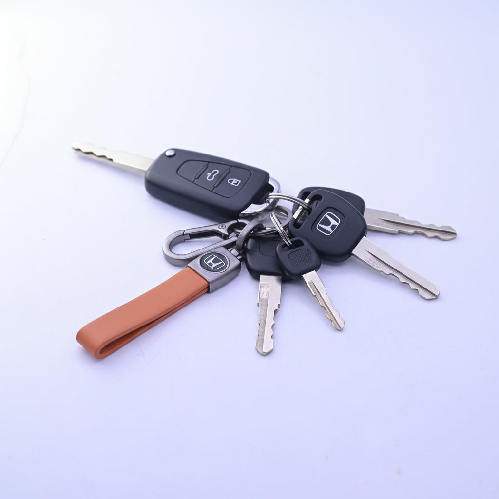 Plain Leather Strap Keychain Honda Brown