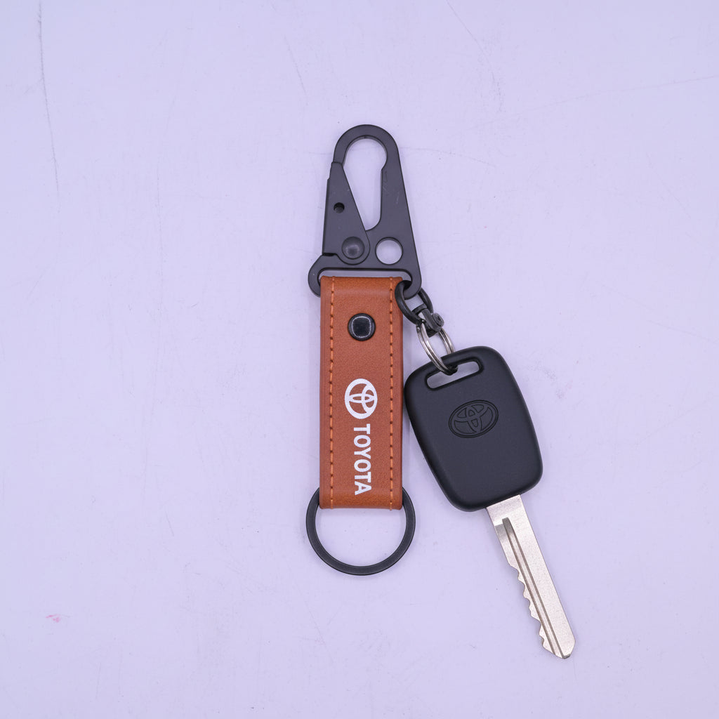 Leather Metal Hook Keychain Toyota Brown
