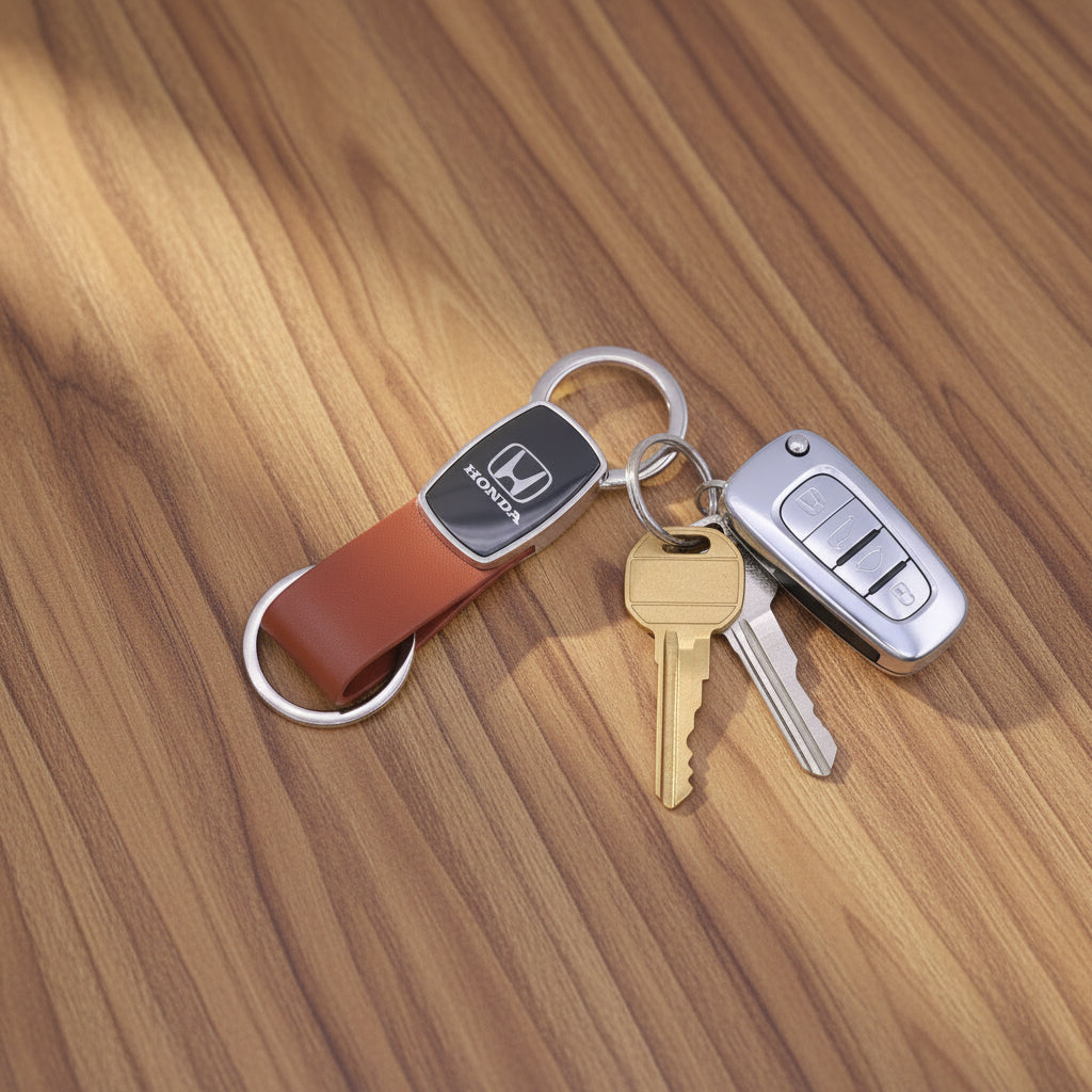 Metal Clip Leather Keychain Honda Brown